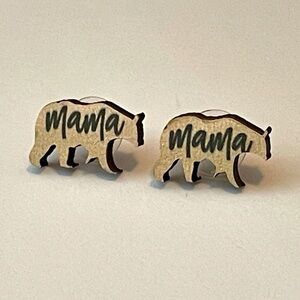 Mama bear wood earrings wooden mother mom stud studs new gift